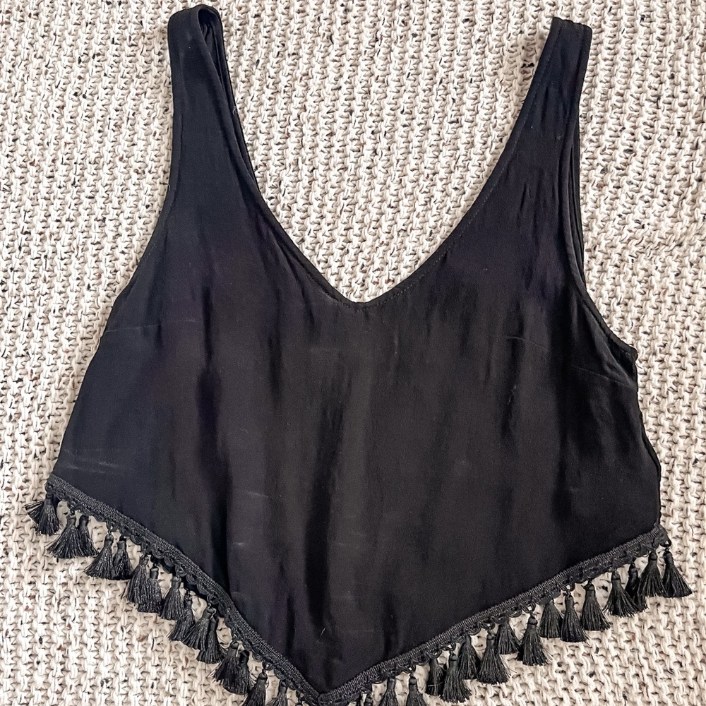 Black Cropped Tank with Fringe